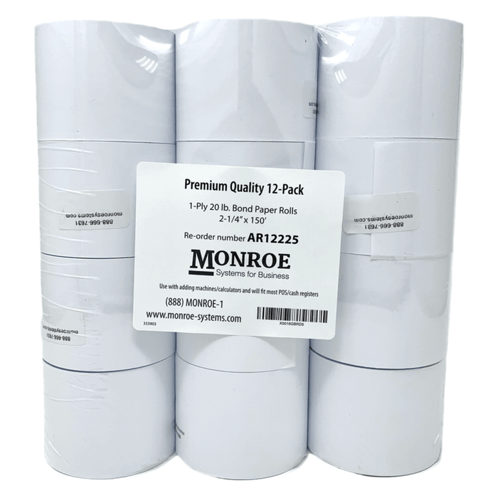 Monroe AR12225 2 1/4" x 150' Exclusive 20 Lb. Single-Ply Paper Rolls (12-Rolls)