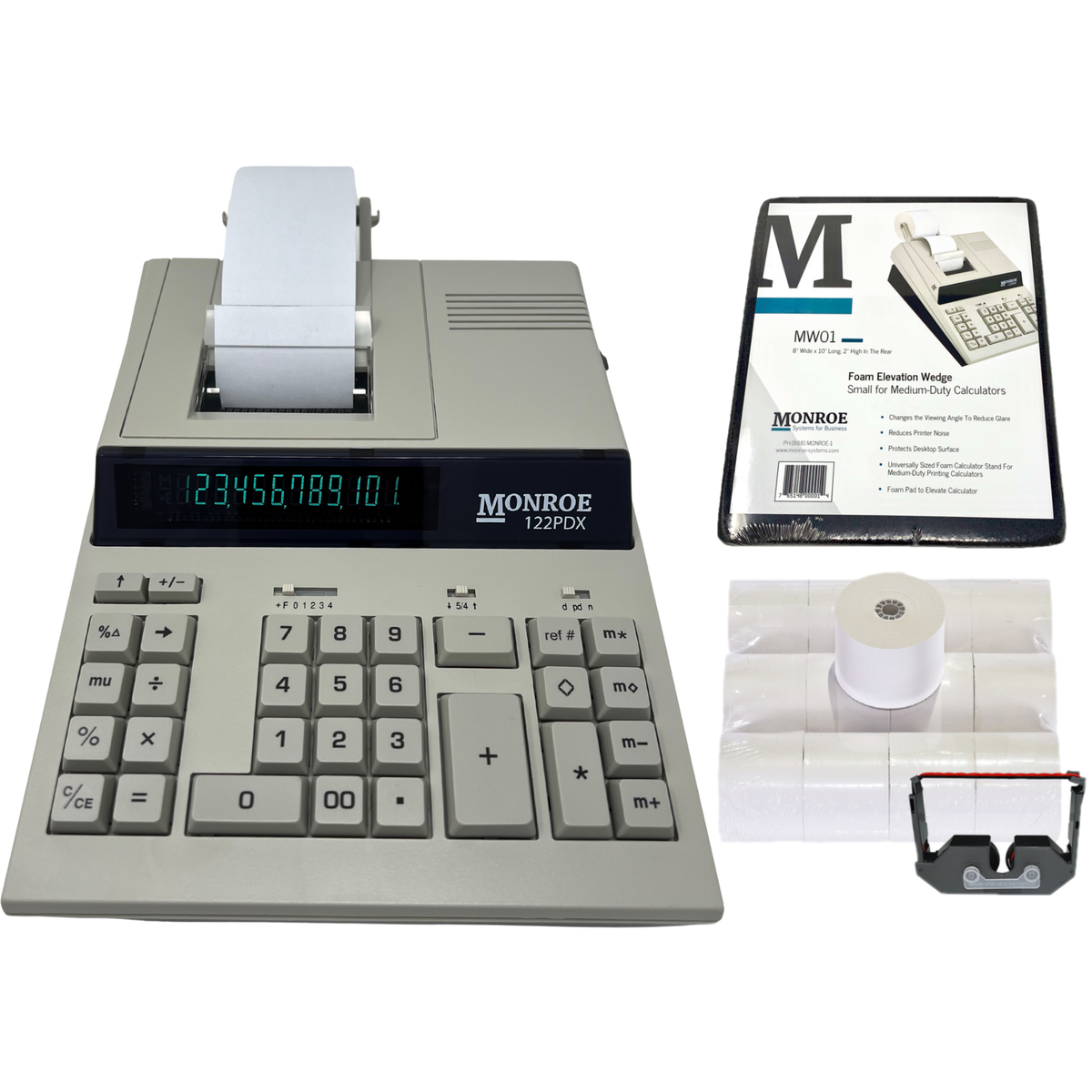 Monroe 122PDX Bundle - Includes (1) 122PDX Medium-Duty Printing Calculator with a Foam Elevation Wedge, (6) M33X Ribbon Cartridges, and (12) Premium Paper Rolls (122PDXSP1) (Bundle)