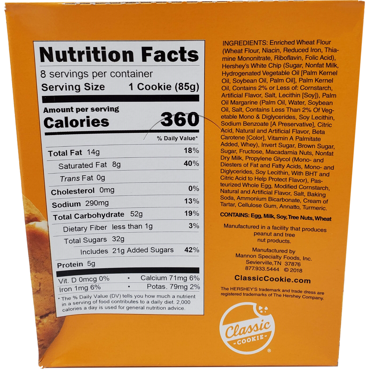Classic Cookie Soft Baked Macadamia Nut Cookies made with Hershey's® White Chocolate Chips, 2 Boxes, 16 Individually Wrapped Cookies (Nutritional Information)