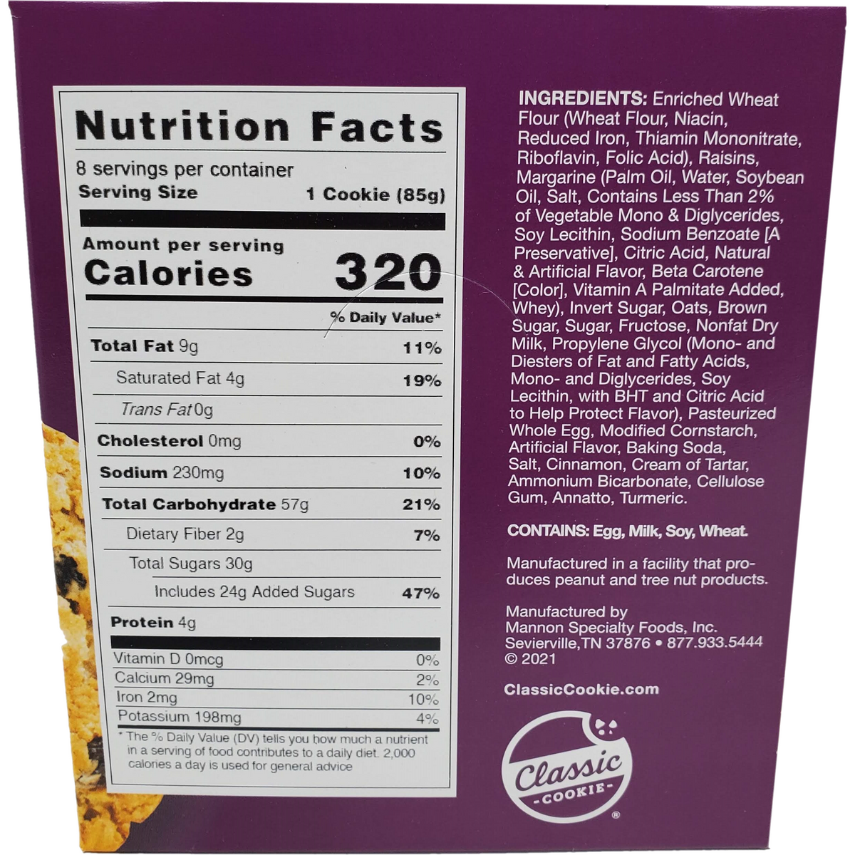 Classic Cookie Soft Baked Oatmeal Raisin Cookies, 2 Boxes, 16 Individually Wrapped Cookies Nutritional Information