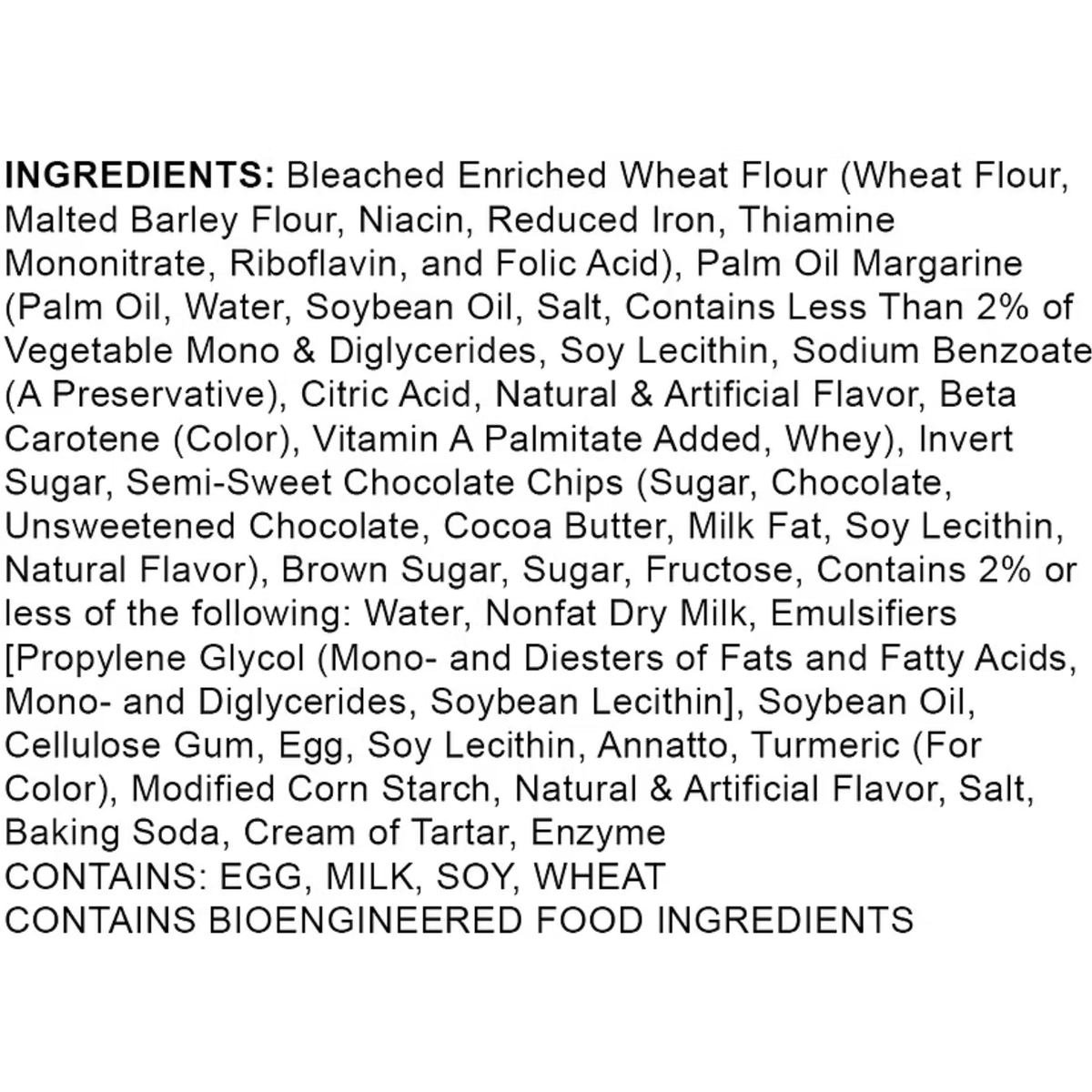 Ingredient list for Classic Cookie 3 oz soft-baked chocolate chip cookie.