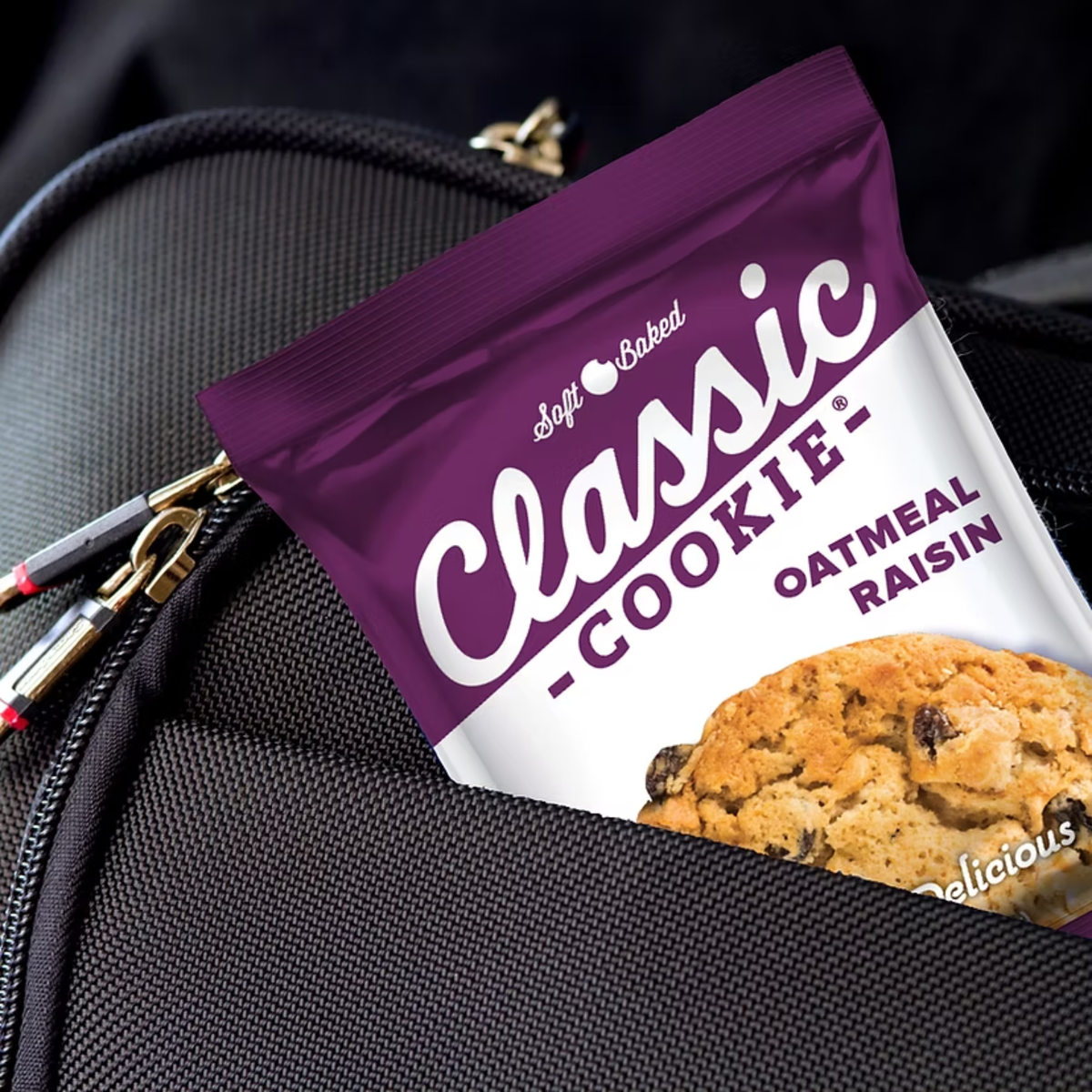 Classic Cookie oatmeal raisin cookie package on a black bag