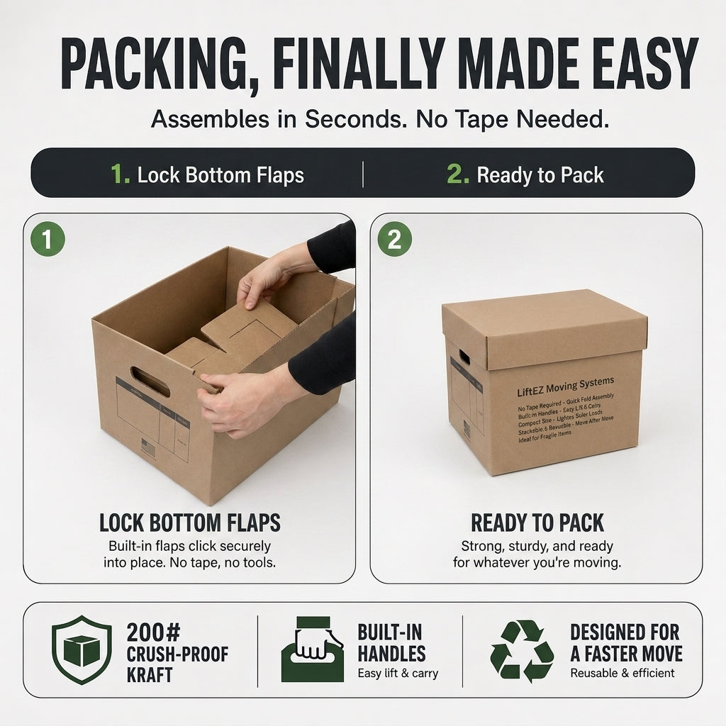 An infographic-style product explainer for a cardboard moving box. Large headline text reads 'PACKING, FINALLY MADE EASY' with supporting copy about assembling in seconds and no tape needed.