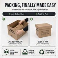 An infographic-style product explainer for a cardboard moving box. Large headline text reads 'PACKING, FINALLY MADE EASY' with supporting copy about assembling in seconds and no tape needed.