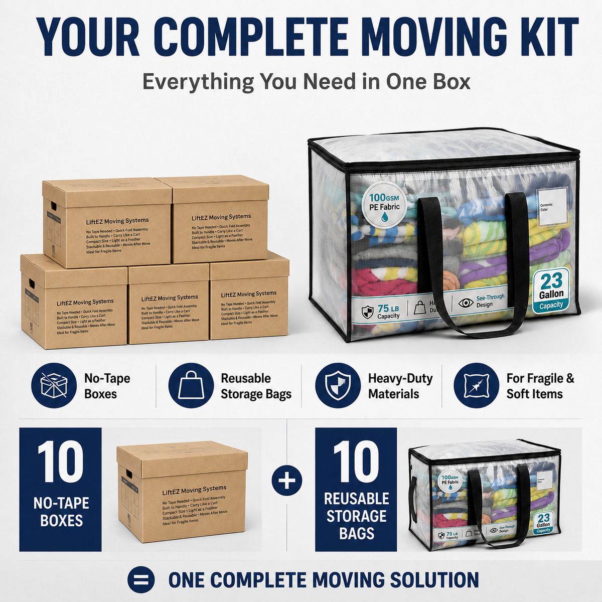 Moving kit bundle featuring four brown LiftEZ moving systems boxes, ten no-tape boxes, and one clear reusable storage bag with black handles and a printed interior. Text highlights features like no-tape boxes, reusable storage bags, heavy-duty materials, and suitability for fragile and soft items.