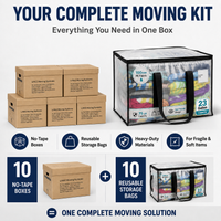 Moving kit bundle featuring four brown LiftEZ moving systems boxes, ten no-tape boxes, and one clear reusable storage bag with black handles and a printed interior. Text highlights features like no-tape boxes, reusable storage bags, heavy-duty materials, and suitability for fragile and soft items.