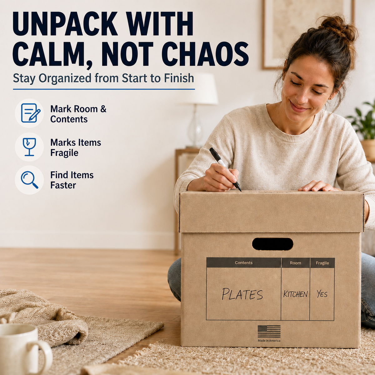 A woman sits on a carpeted floor marking items on a large cardboard moving box with a black marker. Large promotional text at the top reads 'UNPACK WITH CALM, NOT CHAOS' and lists benefits like marking room and contents, marking items fragile, and finding items faster.