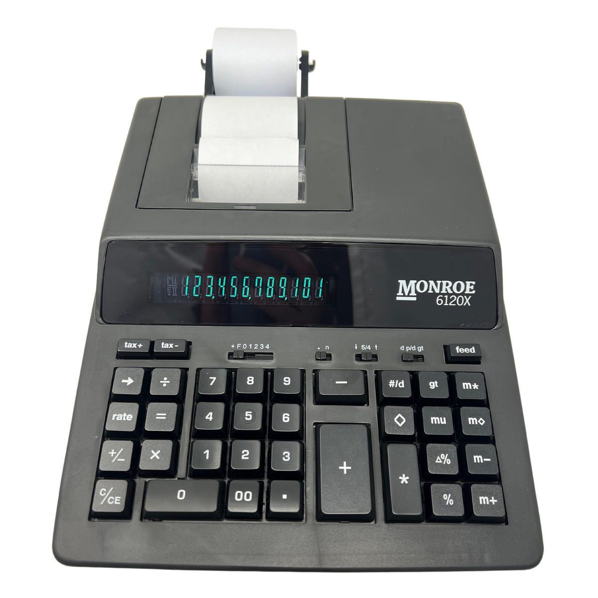 Monroe 6120X Bundle - Includes (1) 6120X Medium-Duty Printing Calculator with a Foam Elevation Wedge, (6) M33X Ribbon Cartridges, and (12) Premium Paper Rolls (Black)