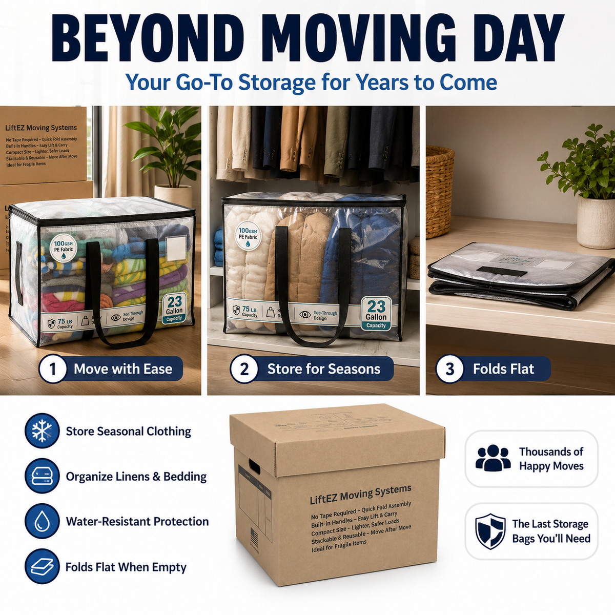 Promotional collage for a LifEZ Moving System storage bag and folding box set. The image shows three usage scenes: a clear storage bag filled with folded clothes labeled '23 cm x 23 cm', a folded storage bag on a shelf, and a brown folding box.