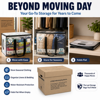 Promotional collage for a LifEZ Moving System storage bag and folding box set. The image shows three usage scenes: a clear storage bag filled with folded clothes labeled '23 cm x 23 cm', a folded storage bag on a shelf, and a brown folding box.