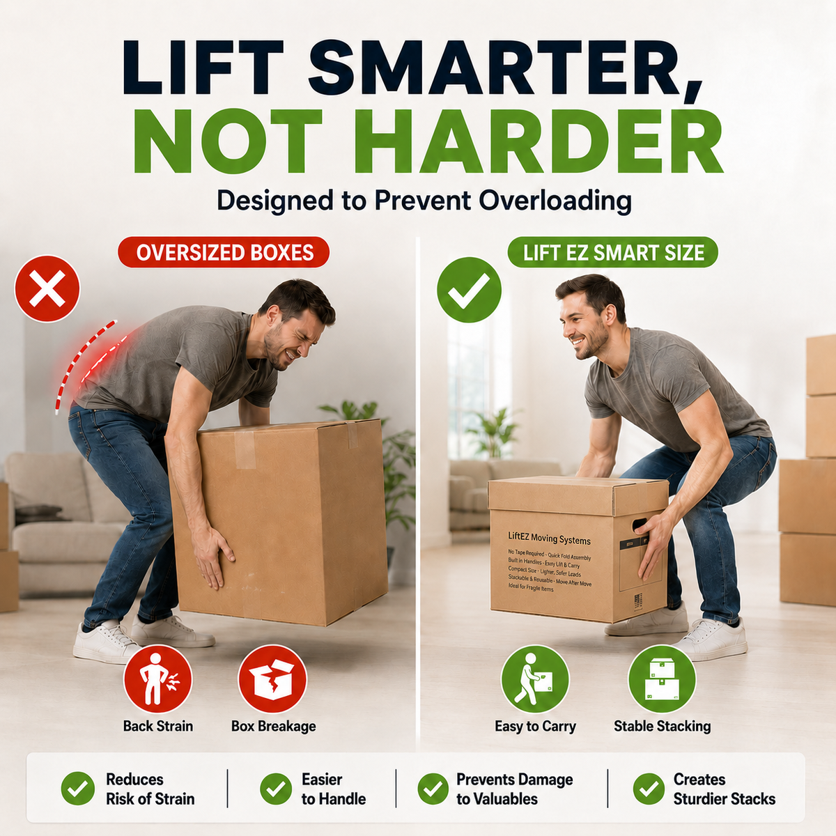 Promotional infographic for a moving box with the headline 'LIFT SMARTER, NOT HARDER.' It shows a man lifting a cardboard box in a home setting, with a red 'X' and 'Oversized Boxes' callout on the left and a green check and 'Lift EZ Smart Size' callout on the right.