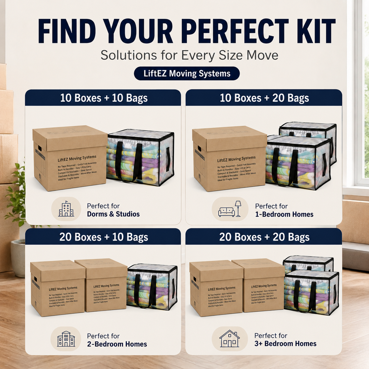 A promotional infographic for LitEZ Moving Systems showing four kit options: 10 boxes + 10 bags, 10 boxes + 20 bags, 20 boxes + 10 bags, and 20 boxes + 20 bags, each with a cardboard box and a clear-sided storage bag with black handles. The image includes text such as 'FIND YOUR PERFECT KIT' and 'Solutions for Every Size Move' with suitability icons for dorms, studios, 1-bedroom homes, 2-bedroom homes, and 3+ bedroom homes.