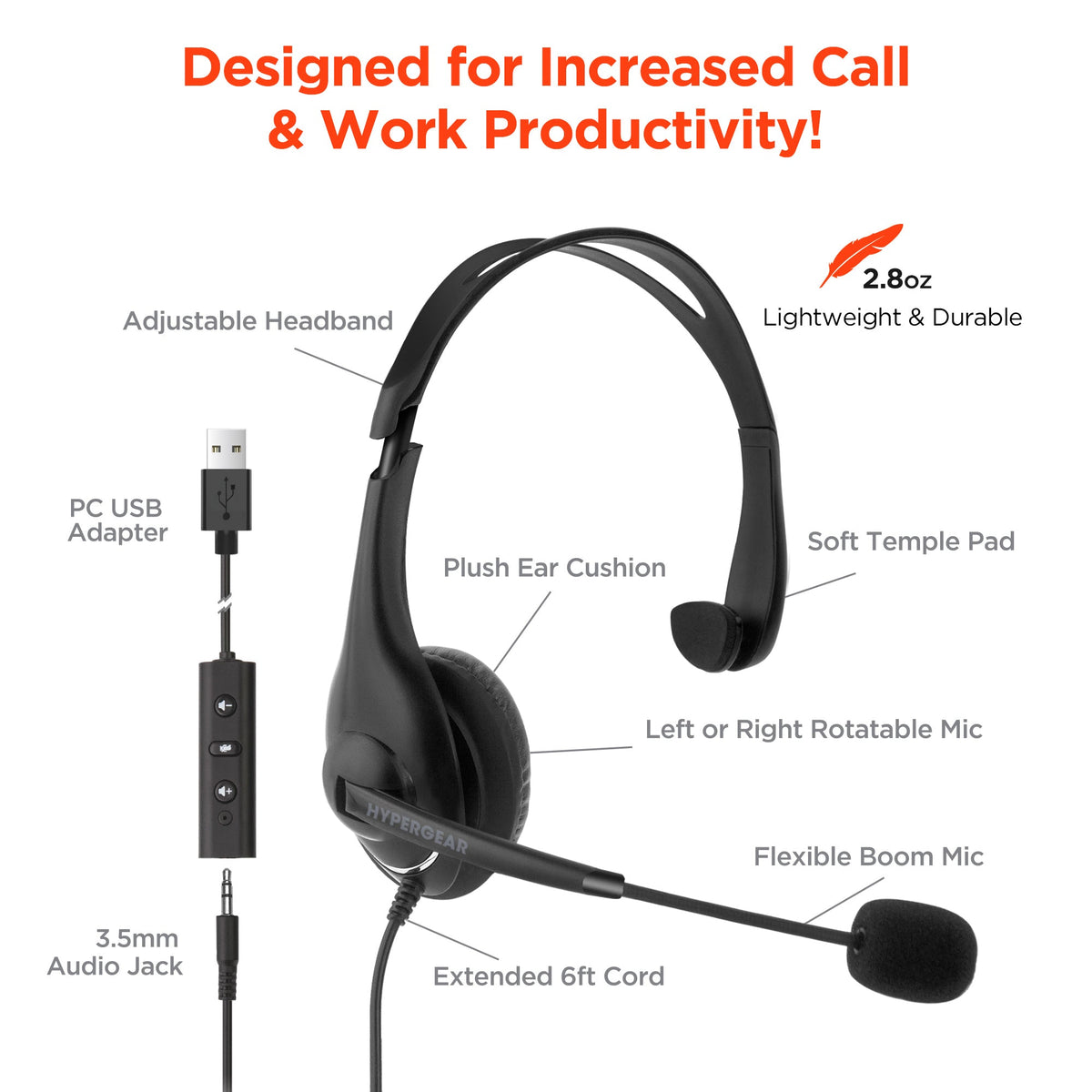 HyperGear V100 Wired Office Headset with USB Adapter and 6 Ft Cord