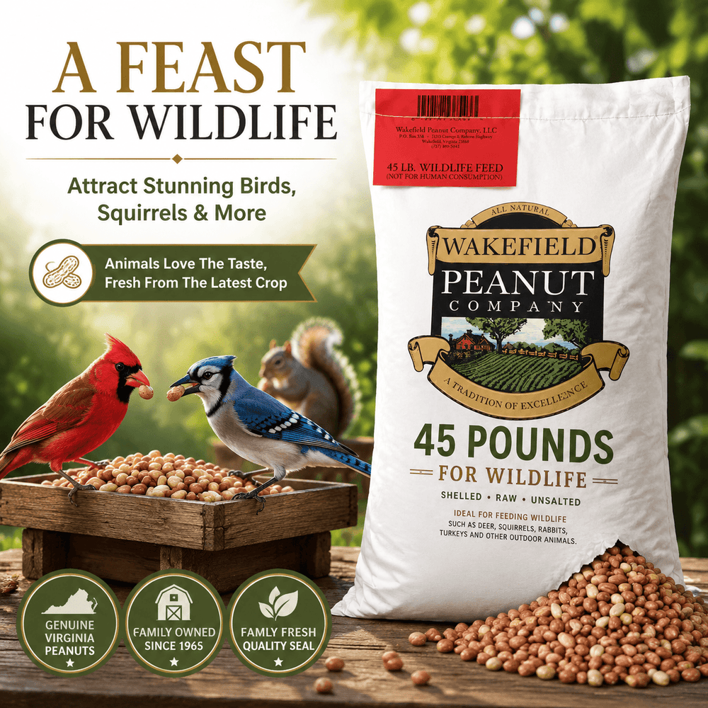 Wakefield 45 lb shelled peanut bag with cardinal, Blue Jay and squirrel near a platform feeder