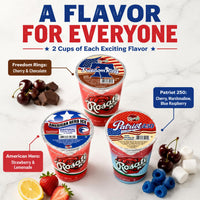 Three cups of Roselli candy on a white marble background with promotional text. The cups are labeled Freedom Rings, American Hero, and Patriot 250, with fruit and marshmallows placed around them.