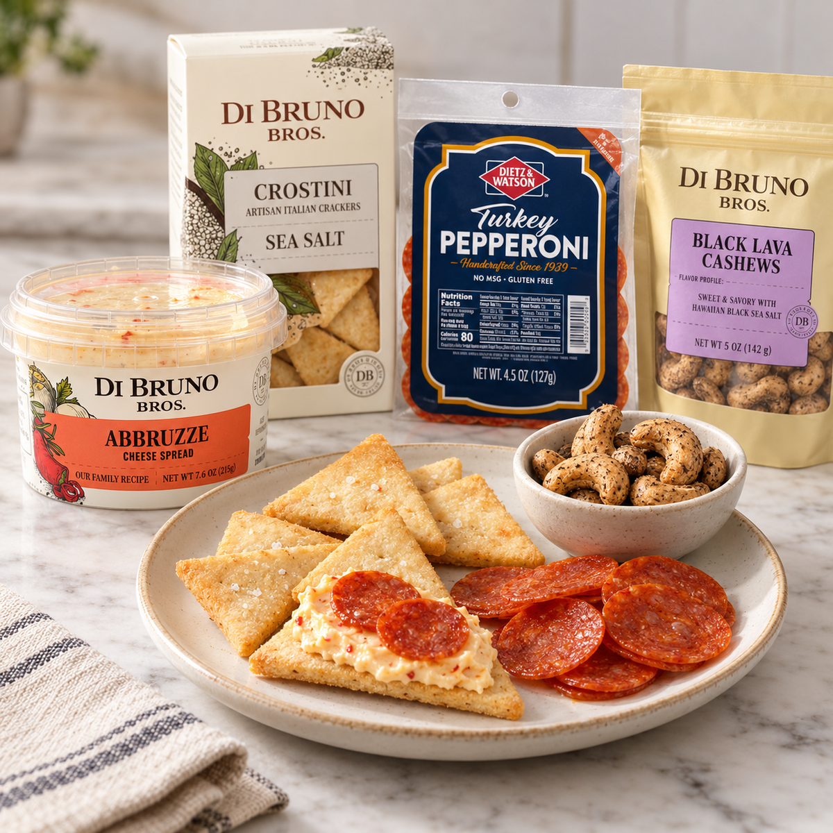 Abbruzze cheese spread served with crostini, turkey pepperoni and cashews.