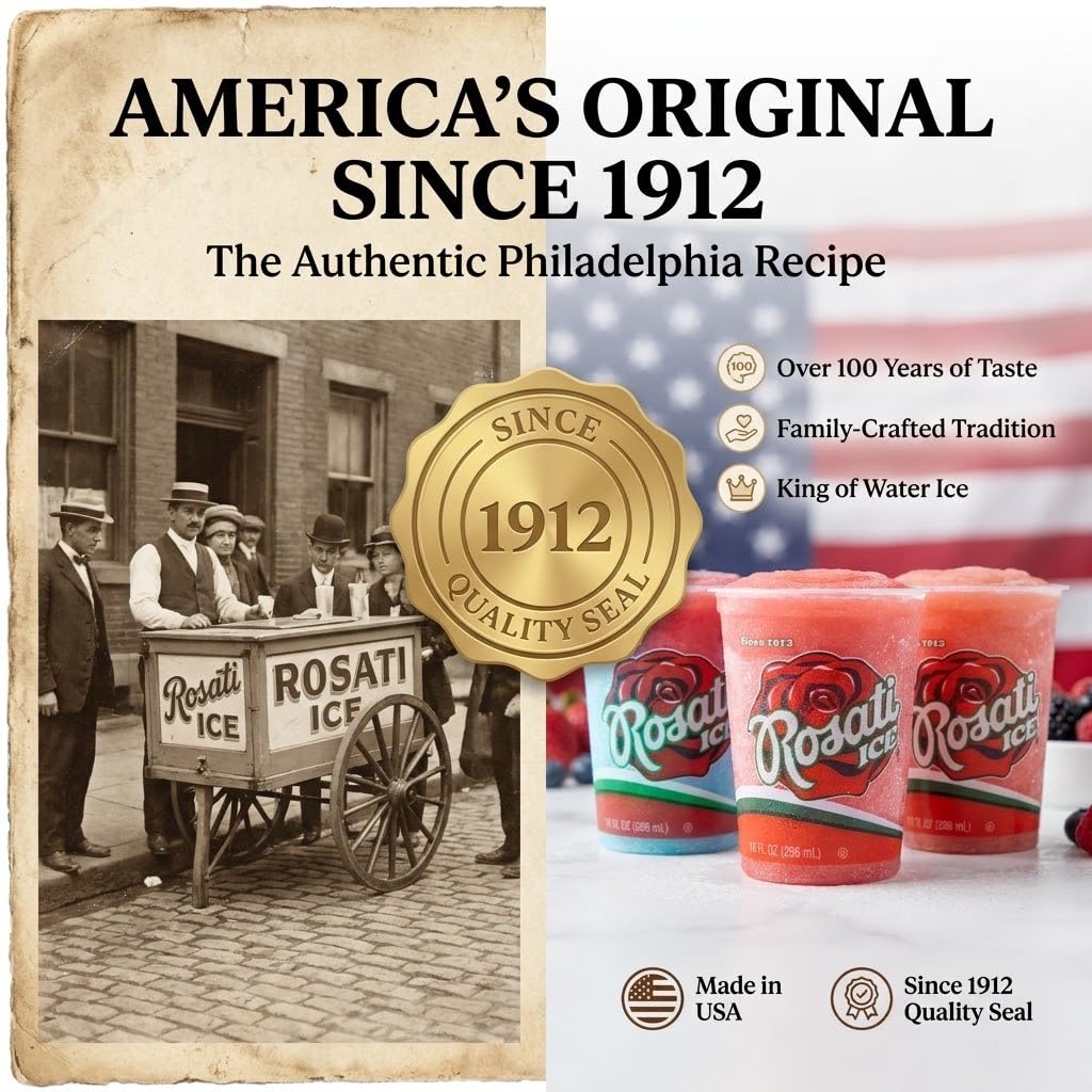 Promotional graphic for Rosati Ice featuring the text 'America's Original Since 1912' and 'The Authentic Philadelphia Recipe.' The left side shows a vintage sepia photo of people standing behind a Rosati Ice cart, with a gold seal reading 'Since 1912 Quality Seal.