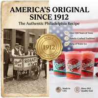 Promotional graphic for Rosati Ice featuring the text 'America's Original Since 1912' and 'The Authentic Philadelphia Recipe.' The left side shows a vintage sepia photo of people standing behind a Rosati Ice cart, with a gold seal reading 'Since 1912 Quality Seal.