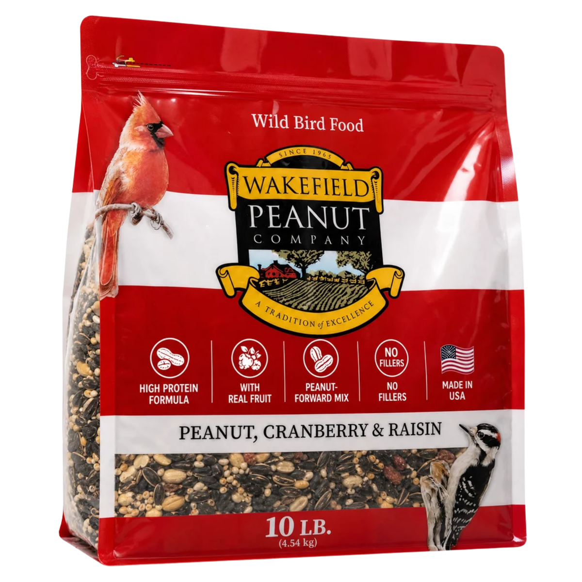 Wakefield Peanut, Cranberry and Raisin Wild Bird Seed in a resealable 10 lb bag