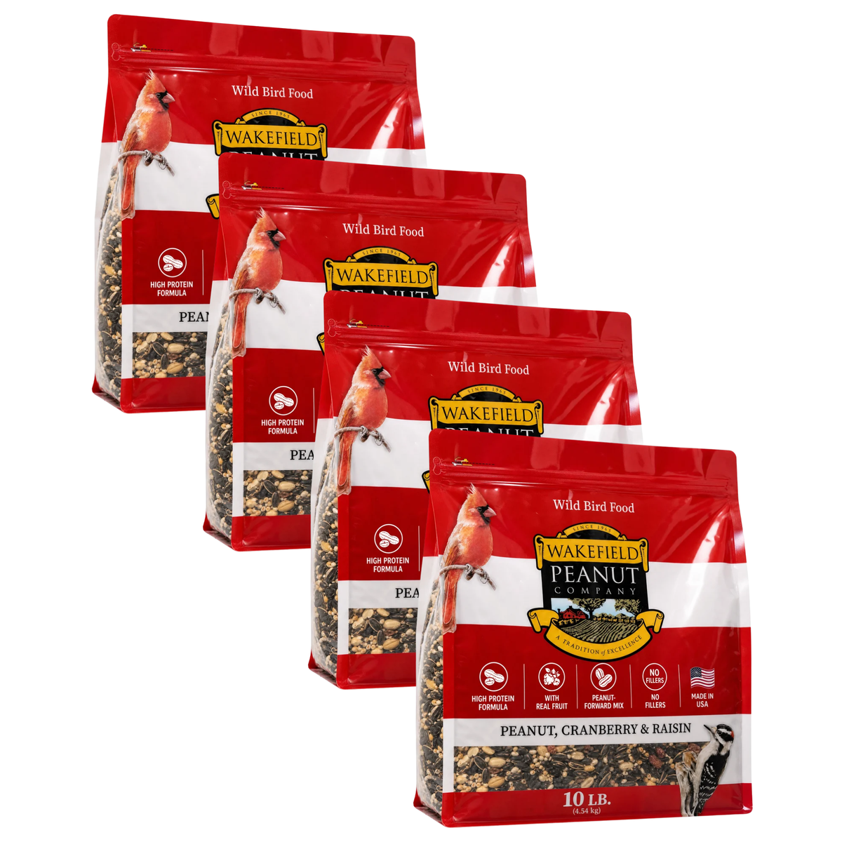 Four 10 lb bags of Wakefield Peanut, Cranberry and Raisin Wild Bird Seed, 40 lb total