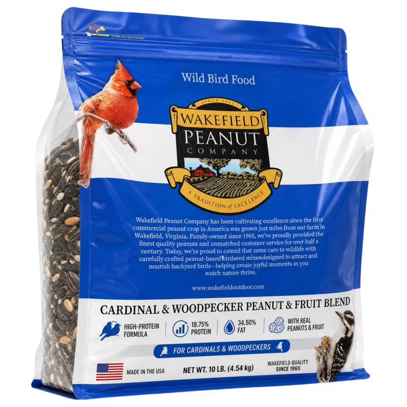 Wakefield Cardinal and Woodpecker Peanut and Fruit Wild Bird Seed in a resealable 10 lb bag
