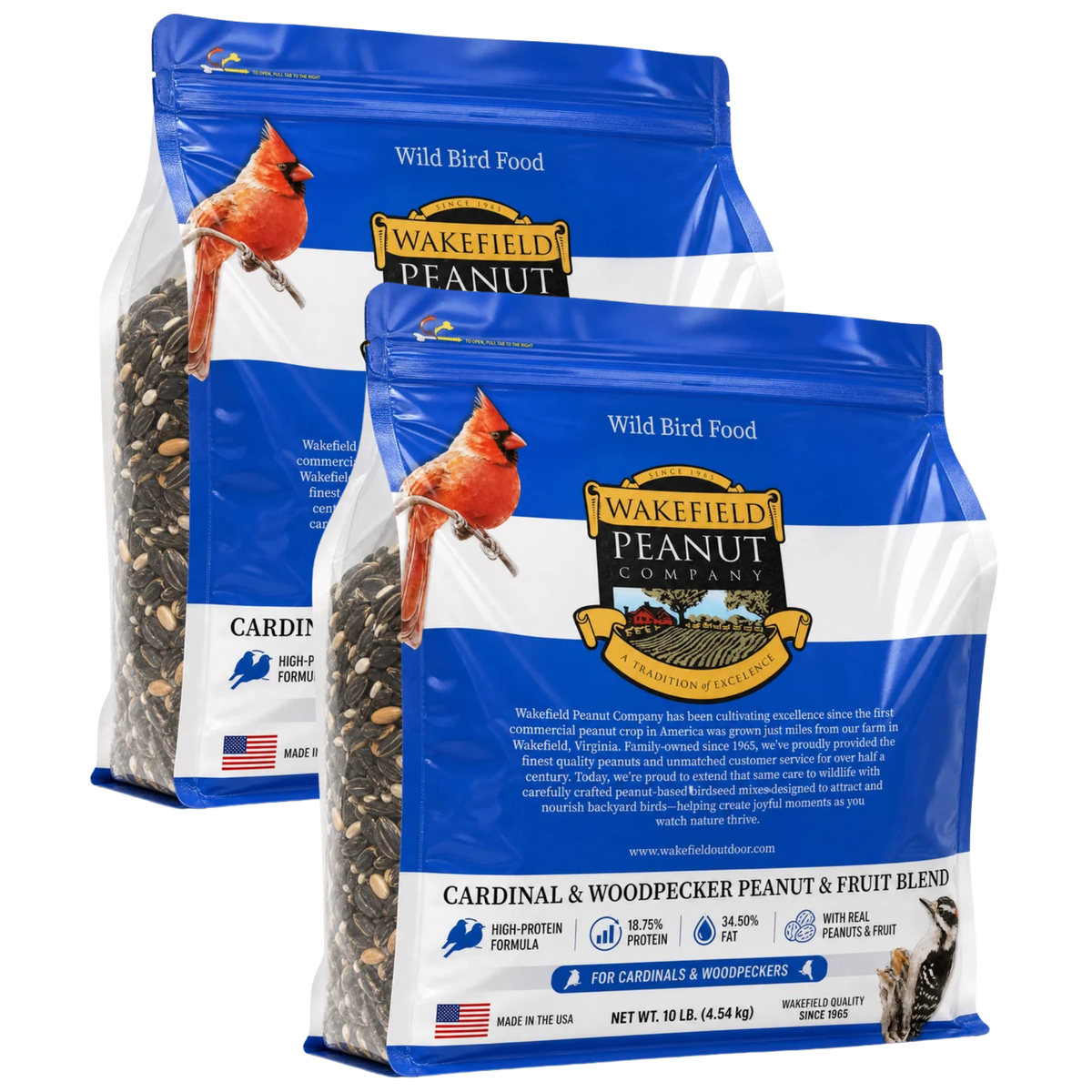 Two 10 lb bags of Wakefield Cardinal and Woodpecker Peanut and Fruit Wild Bird Seed, 20 lb total