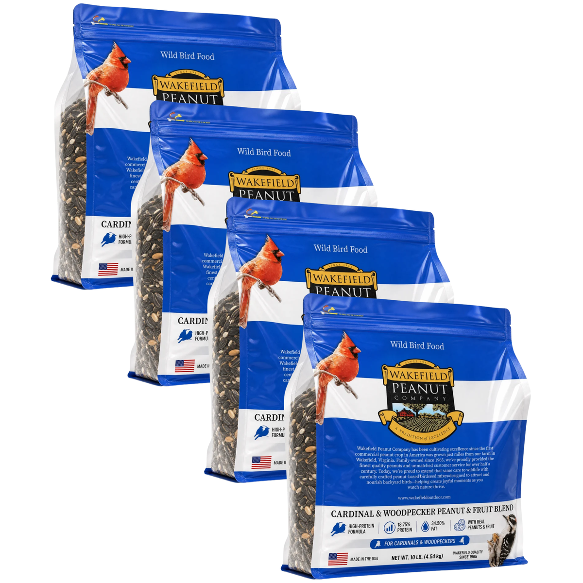 Four 10 lb bags of Wakefield Cardinal and Woodpecker Peanut and Fruit Wild Bird Seed, 40 lb total