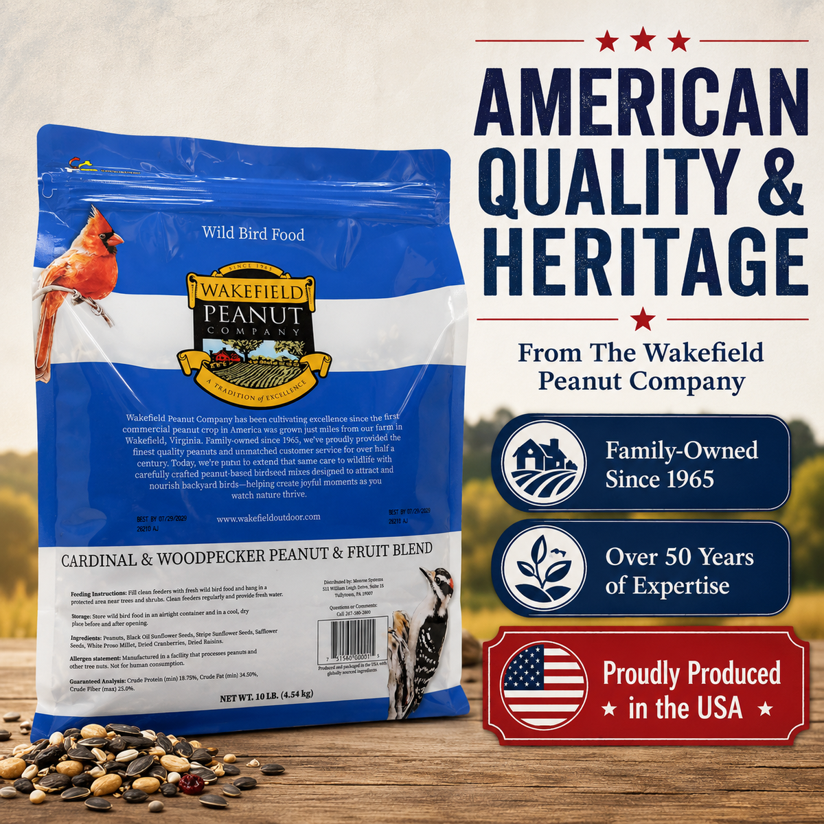Wakefield 10 lb peanut and fruit bird seed made in the USA by a family-owned company since 1965