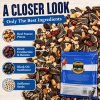 Wakefield wild bird seed with peanut pieces, dried cranberries, raisins, sunflower and safflower seeds