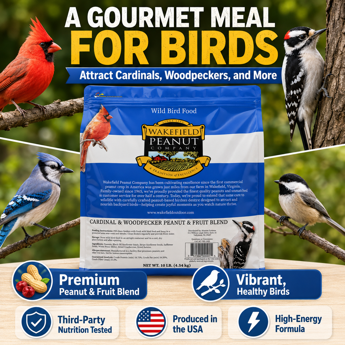 Wakefield peanut and fruit bird seed for cardinals, woodpeckers, blue jays and chickadees