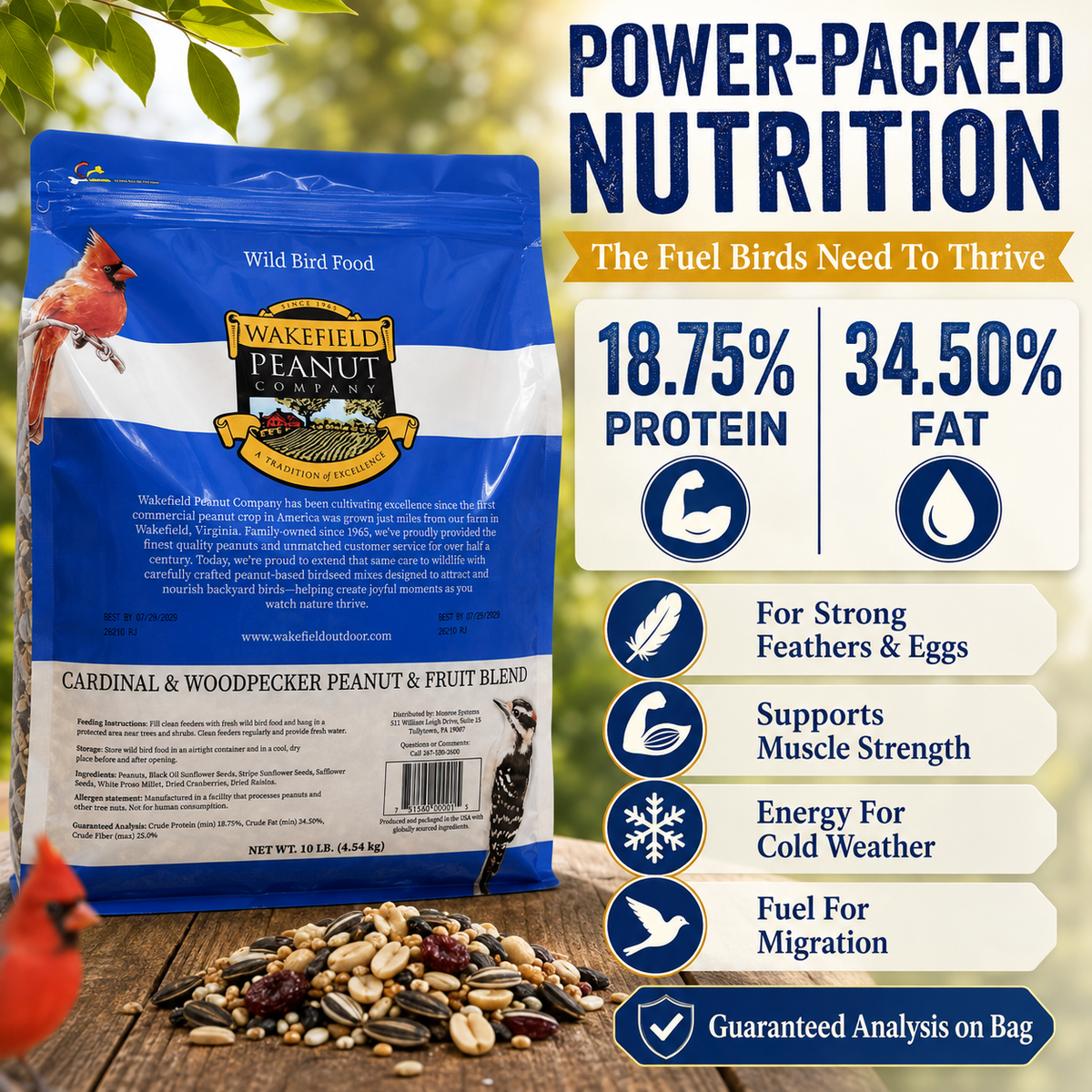 Wakefield high-energy bird seed with 18.75 percent protein and 34.50 percent fat in a 10 lb bag
