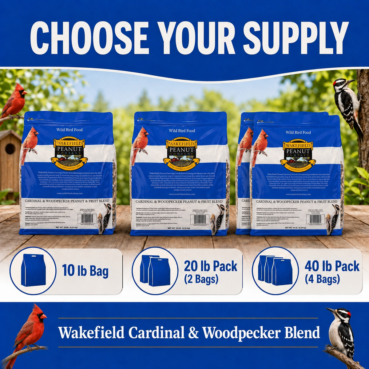 Wakefield Cardinal and Woodpecker wild bird seed available in 10, 20 and 40 lb quantities