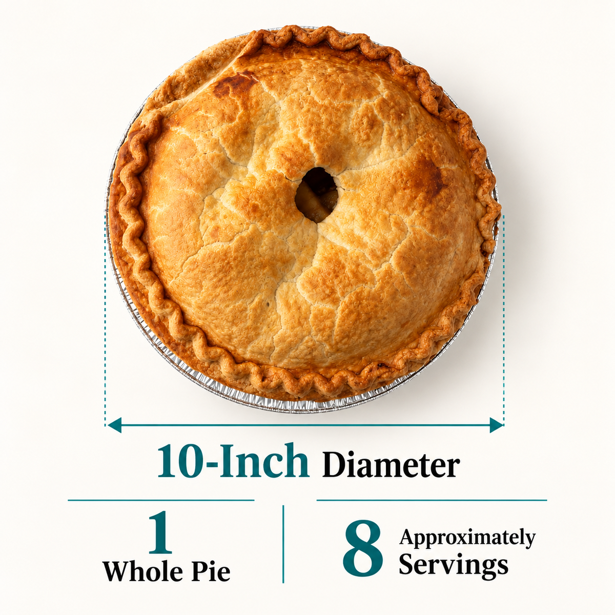 Brown’s Market 10-inch Crispy Apple Pie size guide showing one whole pie and approximately eight servings