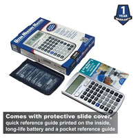 Comes with protective slide cover, quick reference guide printed on the inside, long-life battery and a pocket reference guide