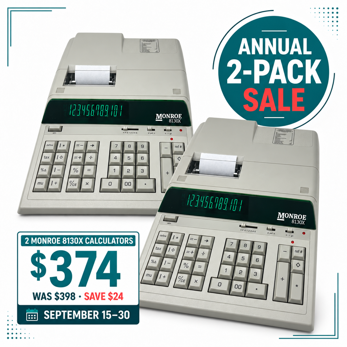 Monroe 8130X 2-Pack – 12-Digit Heavy-Duty Accounting Printing Calculators