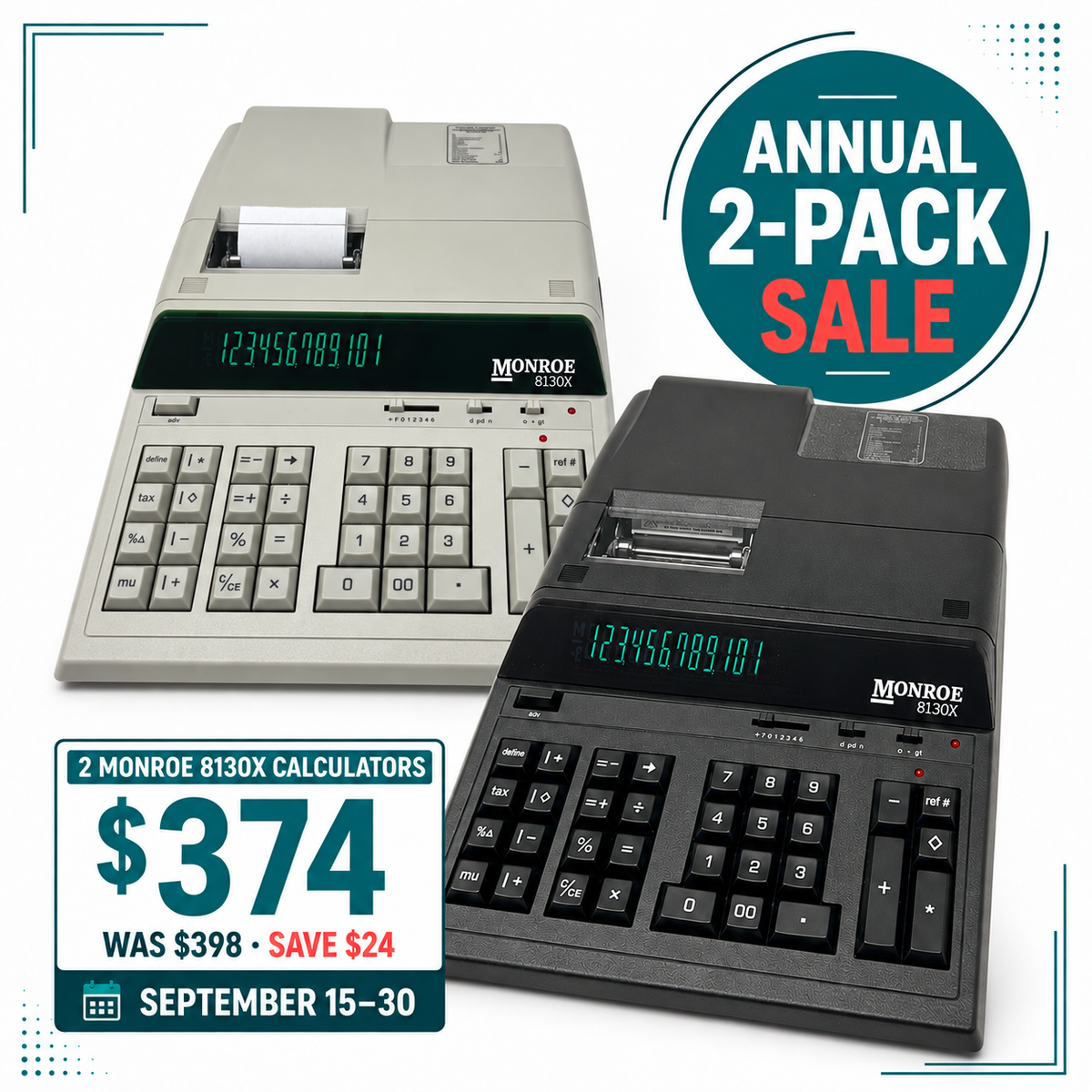 Monroe 8130X 2-Pack – 12-Digit Heavy-Duty Accounting Printing Calculators