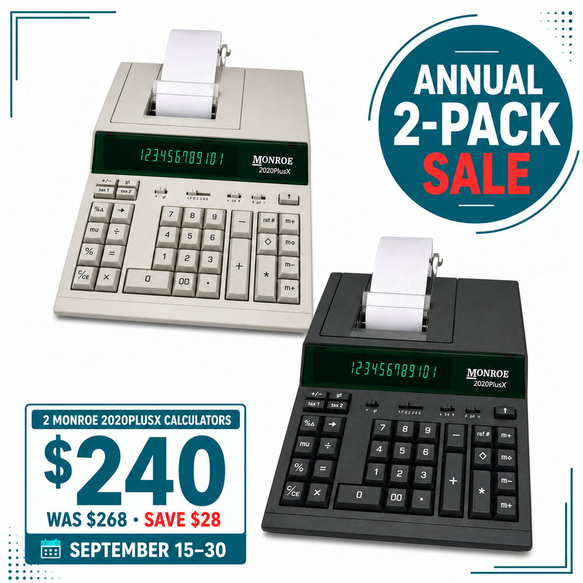 Monroe 2020PlusX 2-Pack – 12-Digit Medium-Duty Two-Color Printing Calculators with Dual Tax Keys