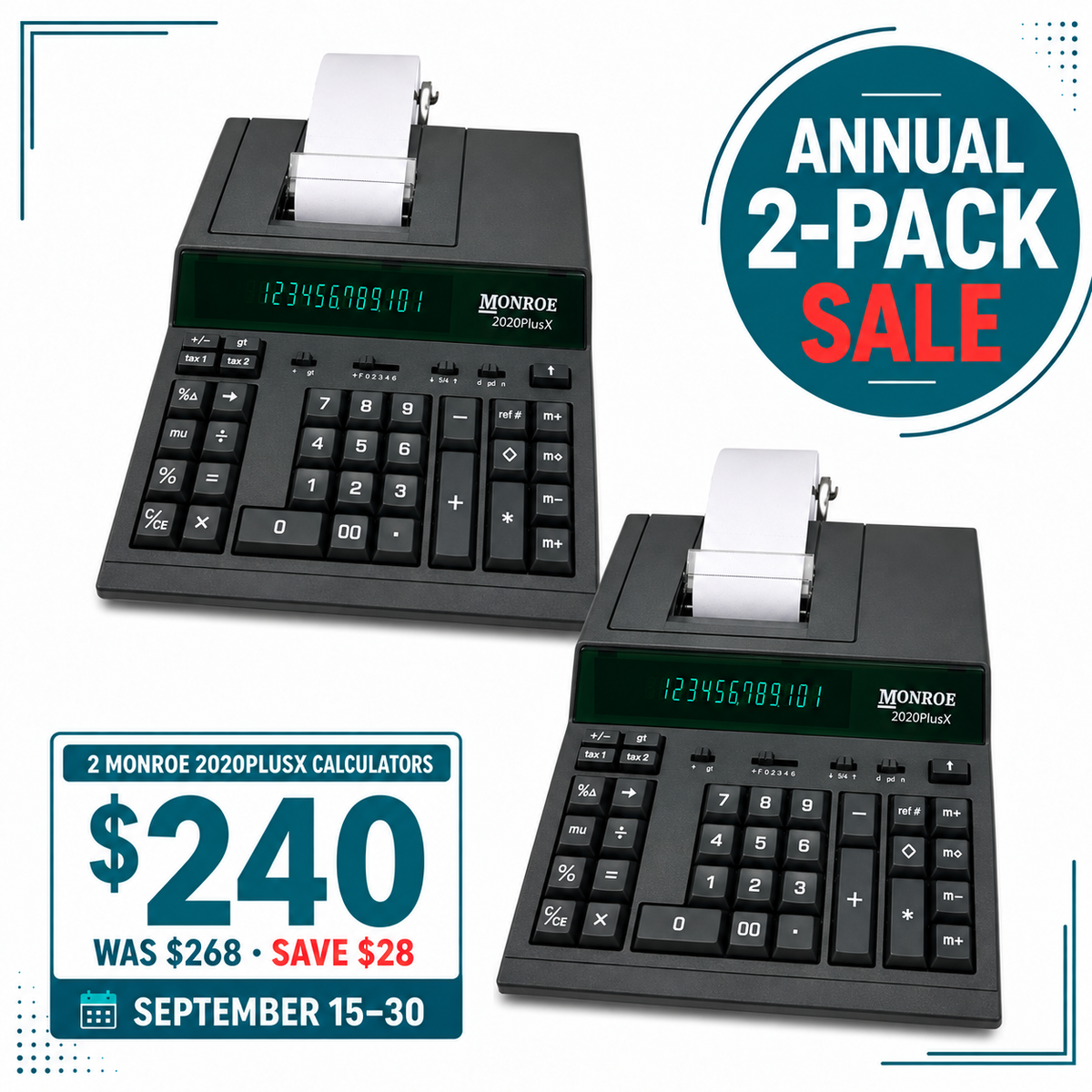 Monroe 2020PlusX 2-Pack – 12-Digit Medium-Duty Two-Color Printing Calculators with Dual Tax Keys