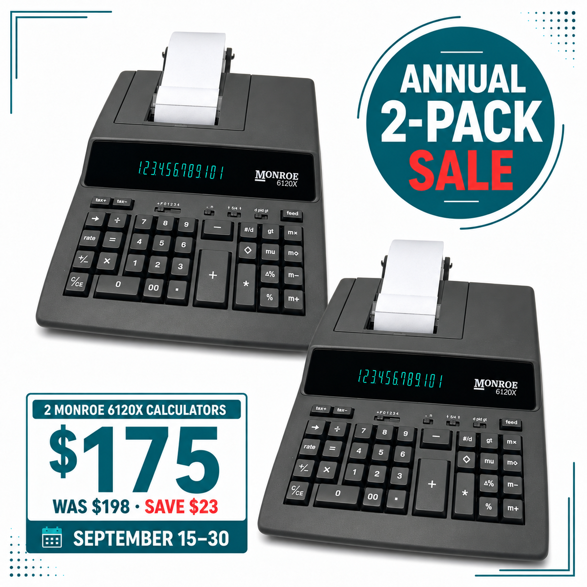 Monroe 6120X 2-Pack – 12-Digit Medium-Duty Printing Calculators with Tax, VAT & 4-Key Memory