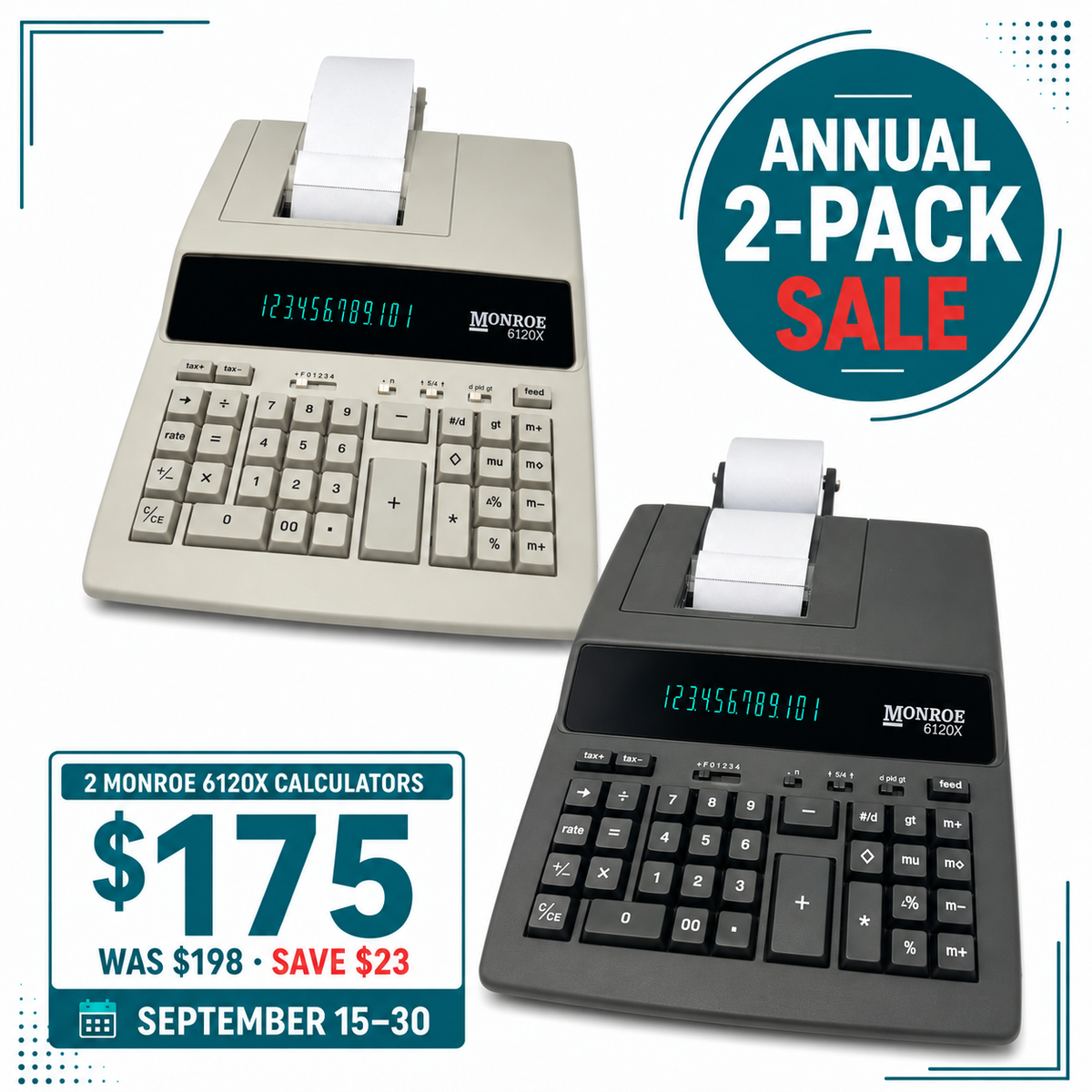 Monroe 6120X 2-Pack – 12-Digit Medium-Duty Printing Calculators with Tax, VAT & 4-Key Memory