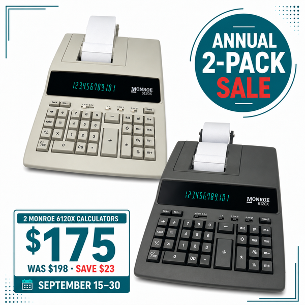 Monroe 6120X 2-Pack – 12-Digit Medium-Duty Printing Calculators with Tax, VAT & 4-Key Memory