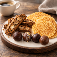 Di Bruno Bros. truffles, biscotti and pizzelles arranged as a dessert serving suggestion