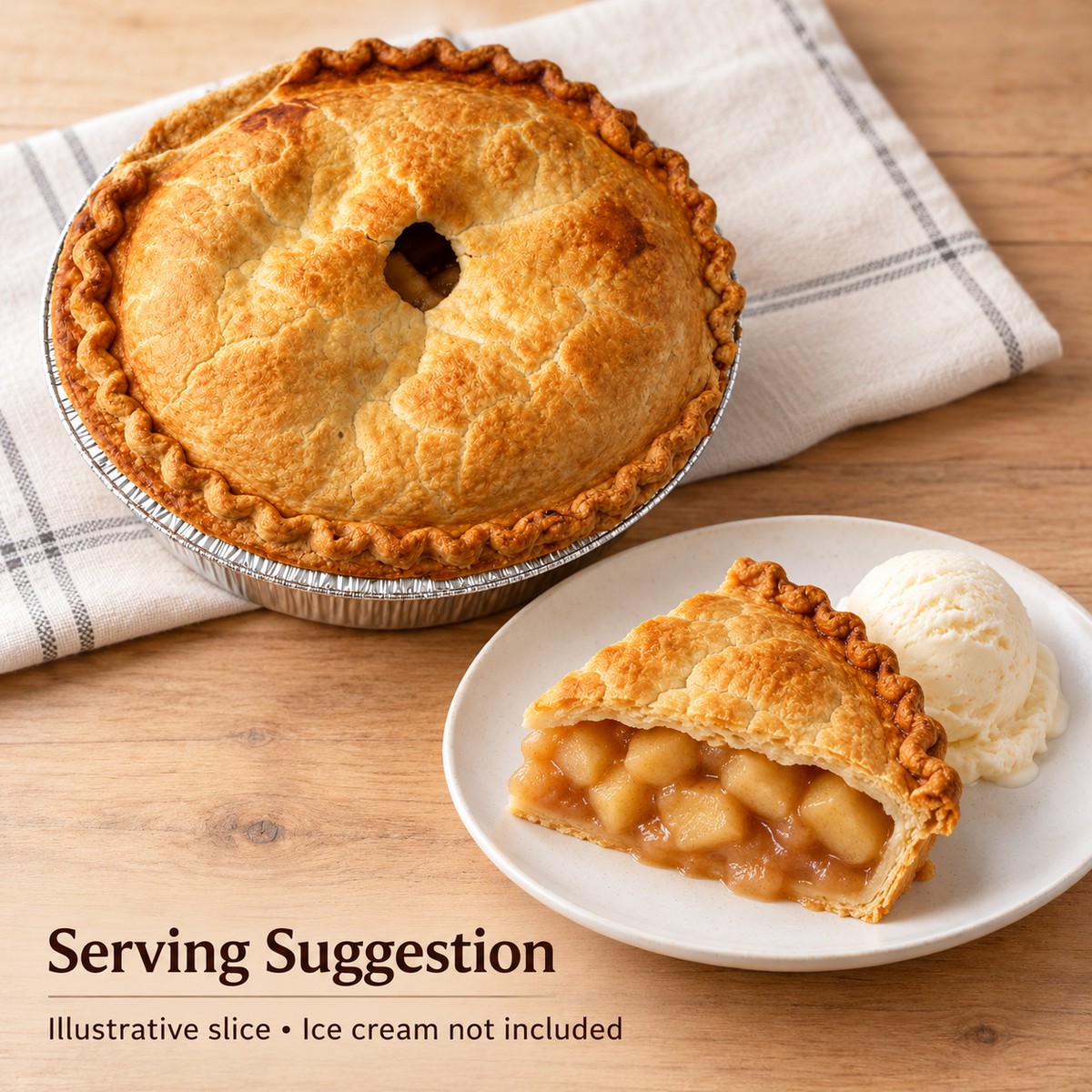Brown’s Market Crispy Apple Pie beside an illustrative plated slice with optional vanilla ice cream