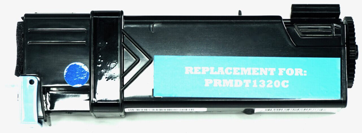 This is the front view of the Dell KU051 cyan replacement laserjet toner cartridge by NXT Premium toner