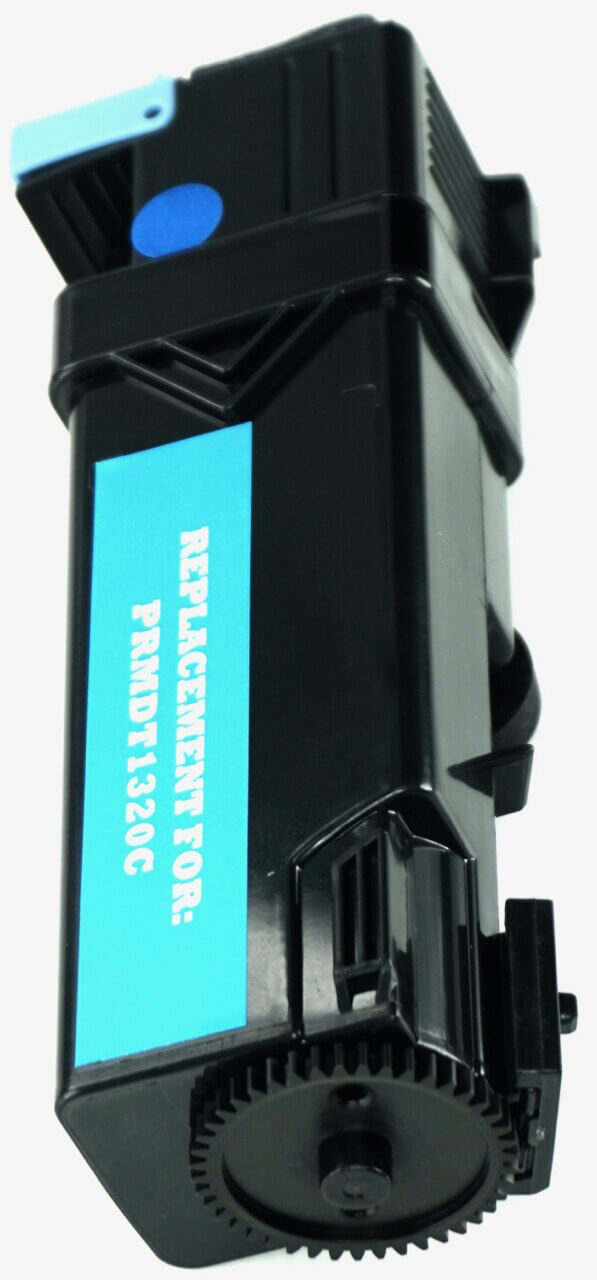This is the left side view of the Dell KU051 cyan replacement laserjet toner cartridge by NXT Premium toner