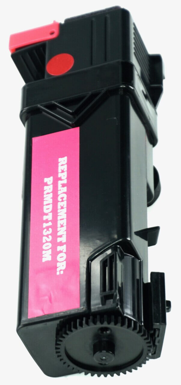 This is the left side view of the Dell KU055 magenta replacement laserjet toner cartridge by NXT Premium toner