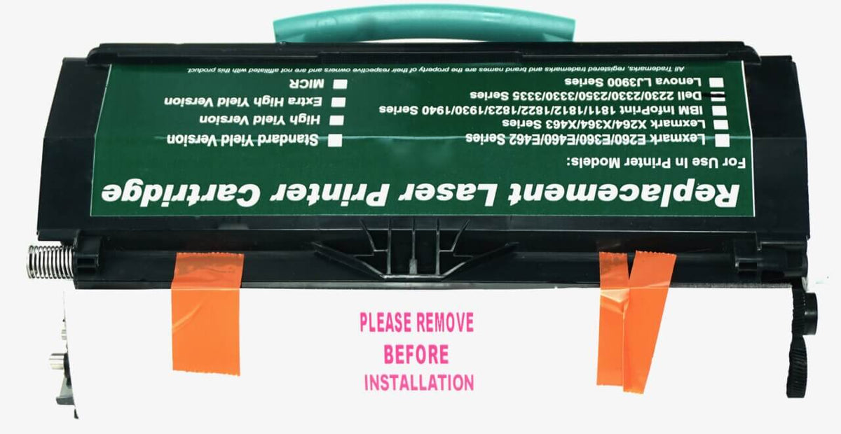 This is the back view of the Dell NF555 black replacement laserjet toner cartridge by NXT Premium toner