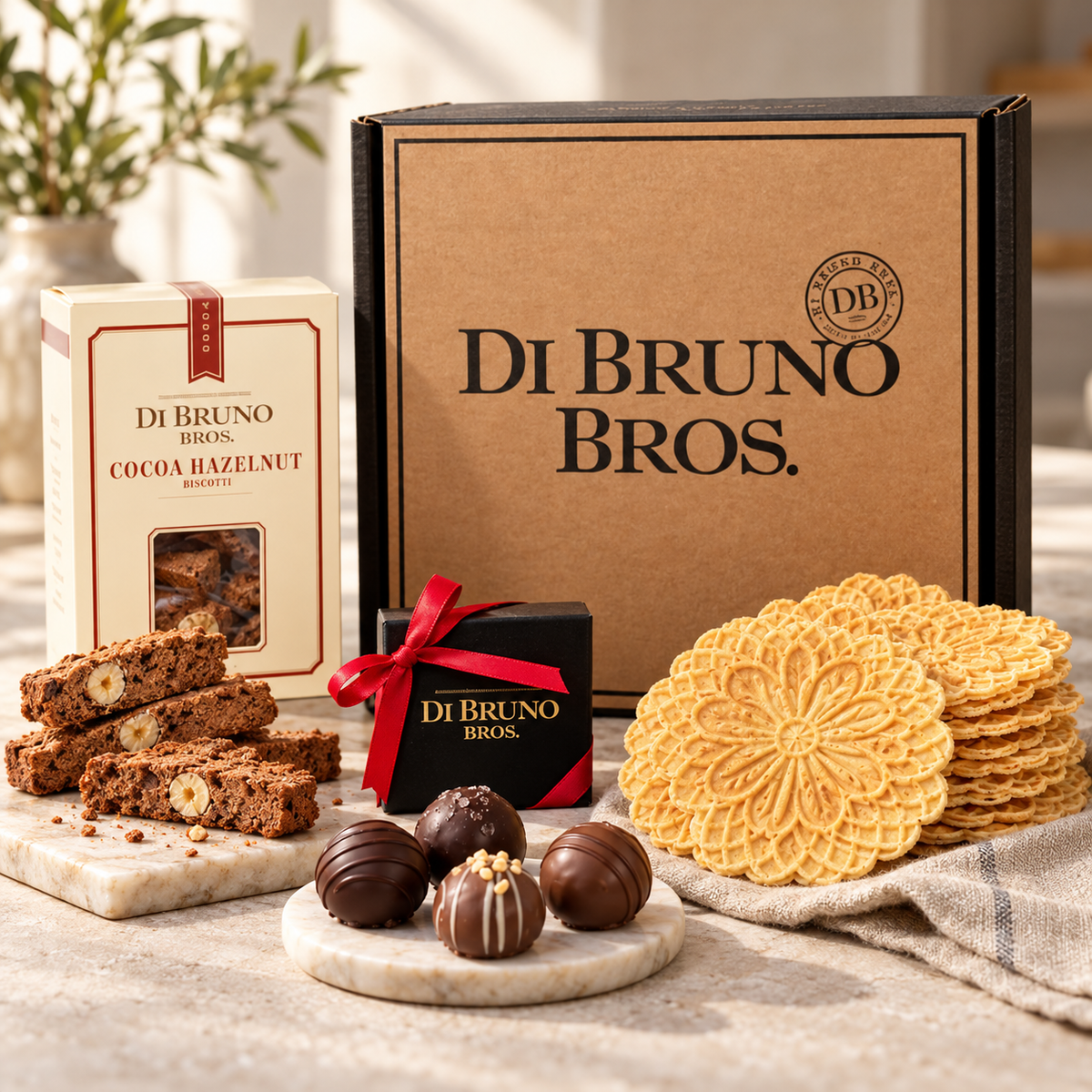 dolce-di-bruno-gift-presentation.png	Dolce Di Bruno gourmet gift box with Di Bruno Bros. truffles, biscotti and pizzelles