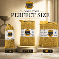 Wakefield Virginia Peanuts size comparison showing 6 lb, 25 lb, and 50 lb bags of in-shell peanuts
