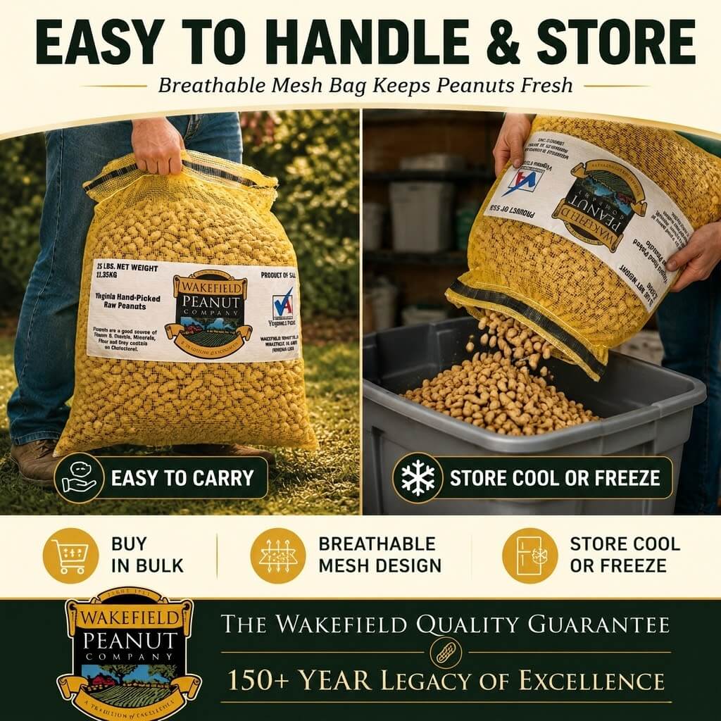 Wakefield Virginia Peanuts 6 lb animal peanuts with easy carry, storage, and cool dry storage instructions